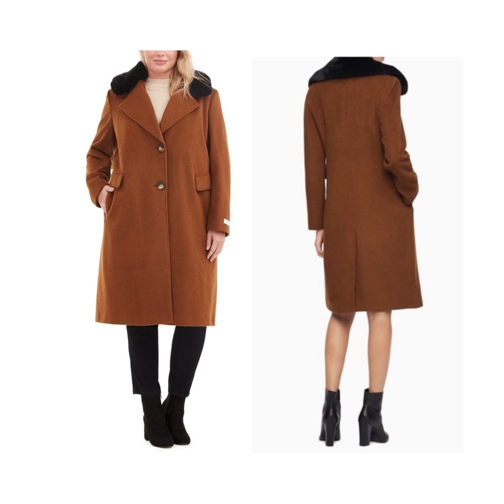 Calvin Klein Single-Breasted Faux-Fur Trim Wool Coat Womens L Midi Brown Classic